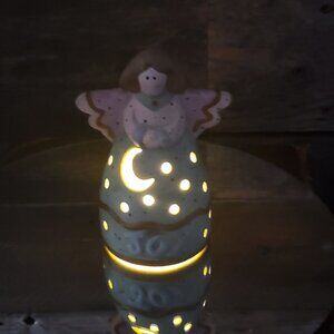 Joy Ceramic Angel Tealight Candle Cover - Pastel Pink and Green.  Moon and Stars